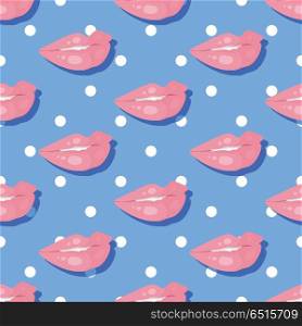 Seamless Pattern Smiling Lips Teeth on Polka Dot. Seamless pattern patch smiling lips with teeth on polka dot background. Lips painted with pink lipstick and white teeth half open mouth. Cosmetic wrapping. Fashion patch in cartoon 80s-90s comic style