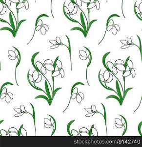 Seamless pattern Snowdrops. Vector First spring flowers for fabric, textile, wrapping paper. Spring background, card, poster, coves, scrapbooking, banners, notebook, print.. Seamless pattern Snowdrops. Vector First spring flowers for fabric, textile, wrapping paper.