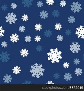 Seamless Pattern Snowflakes Endless Background.. Seamless pattern snowflakes on dark blue background. Endless texture in New Year, Christmas concept. Winter Xmas theme. Realistic pattern with snowflakes, snow. Fabric textile, print material. Vector