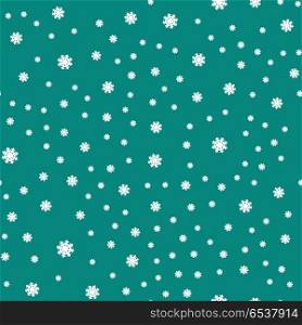Seamless Pattern Snowflakes Endless Background.. Seamless pattern snowflakes on dark green background. Endless texture in New Year, Christmas concept. Winter Xmas theme. Realistic pattern with snowflakes, snow. Fabric textile, print material. Vector