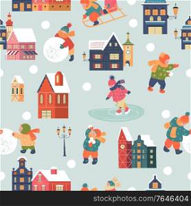 Seamless pattern. Snowy day in cozy christmas town. Winter christmas village day landscape. Children make a snowman, go skiing, playing in the snow. Children play outside in winter. Vector illustration, greeting card.. Seamless pattern. Snowy day in cozy christmas town. Winter christmas village day landscape. Children play outside in winter. Vector illustration, greeting card.