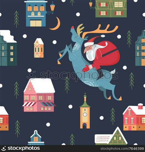Seamless pattern. Snowy night in cozy christmas town. Winter christmas village day landscape. Snow covered houses, snowdrifts, fir trees. Santa Claus riding a reindeer. Vector illustration.. Seamless pattern. Snowy night in cozy christmas town. Winter christmas village day landscape. Snow covered houses, snowdrifts, fir trees. Vector illustration.