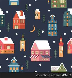 Seamless pattern. Snowy night in cozy christmas town. Winter christmas village day landscape. Snow covered houses, snowdrifts, fir trees. Vector illustration.. Seamless pattern. Snowy night in cozy christmas town. Winter christmas village day landscape. Vector illustration.