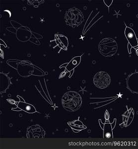 Seamless pattern space planets, rockets and stars. Lineart spaceship, cute childish background. Design for fashion, fabric, textile, wallpaper, wrapping. Seamless pattern space planets, rockets and stars