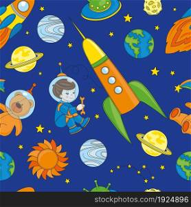 Seamless Pattern SPACEMAN is Color Vector Illustration Magic Cartoon Picture for Scrapbooking Babybook Print Card and Album Photo