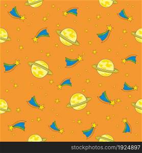 Seamless Pattern SPACEPLANET is Color Vector Illustration Magic Cartoon Picture for Scrapbooking Babybook Print Card and Album Photo