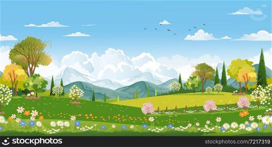 Seamless pattern Spring field with fluffy cloud on blue sky,Vector background banner Endless Cute cartoon panorama rural landscape green grass with honey bee flying on flowers in sunny day Summer