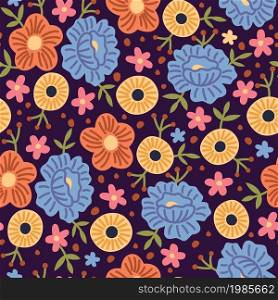 Seamless pattern spring flowers. Hand drawn decorative floral background. Summer meadow bouquet, yellow blue and orange blossoms, decor textile, wrapping paper, botanical wallpaper vector fabric print. Seamless pattern spring flowers. Hand drawn decorative floral background. Summer meadow bouquet, yellow blue and orange blossoms, decor textile, wrapping paper, botanical wallpaper, vector print