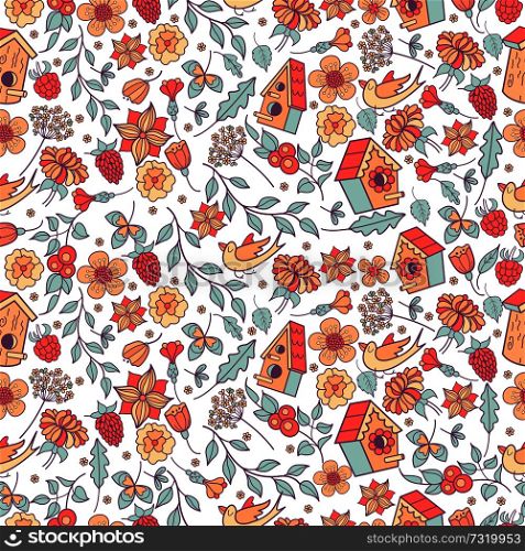 Seamless pattern. Spring flowers, herbs, birdhouses, birds. Cute spring pattern for printing onto fabric, paper.