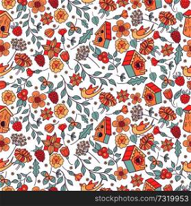 Seamless pattern. Spring flowers, herbs, birdhouses, birds. Cute spring pattern for printing onto fabric, paper.