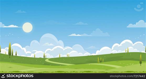 Seamless pattern Spring green fields landscape with mountain,blue sky and cloud background,Endless banner vector cartoon Panorama rural nature in Summertime with grass land
