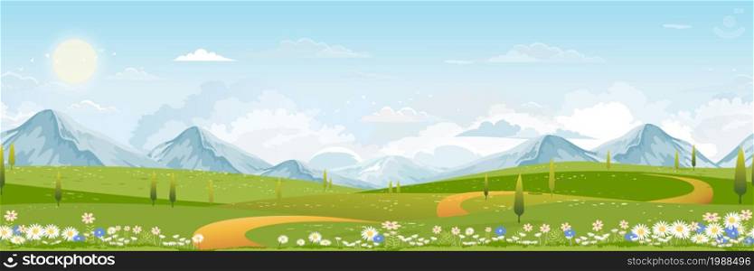 Seamless pattern Spring green fields landscape with mountain, blue sky and clouds background,Endless rural nature in springtime with green grass land.Cartoon vector for Spring and Summertime banner