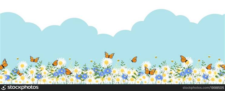 Seamless pattern Spring nature background with blue sky,cloud with bee and butterfly on daisy field.Vector Endless Summer green field of meadow and flower,Horizontal border for Easter holiday backdrop