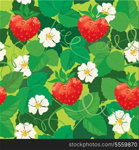 Seamless pattern. Strawberries in heart shapes with flowers and leaves.