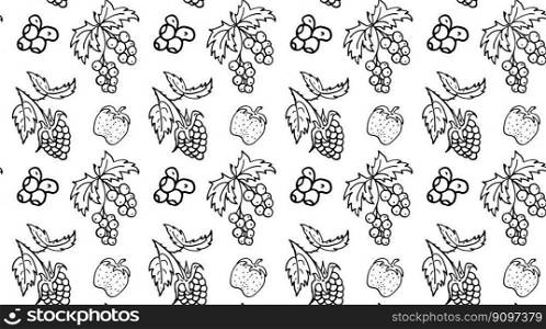 Seamless pattern strawberries, red currants, blueberries, raspberries. Black and white doodle vector. Pattern for background, card, poster, coves, scrapbooking, textile, wrapping, banners, notebook.. Seamless pattern strawberries, red currants, blueberries, raspberries. Black and white doodle vector