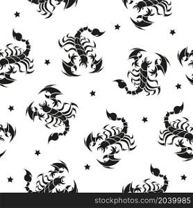 Seamless pattern. Stylized black scorpions and stars on white background. Vector illustration