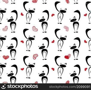 Seamless pattern. Stylized cats black shape and red hearts on white background. Vector illustration.