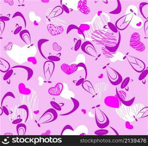 Seamless pattern. Stylized cats violet shape and white hearts on pink background. Vector illustration.