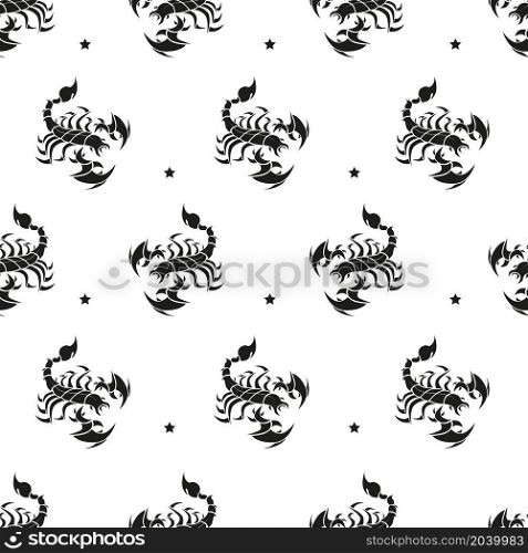 Seamless pattern. Stylized white scorpions and stars on black background. Vector illustration