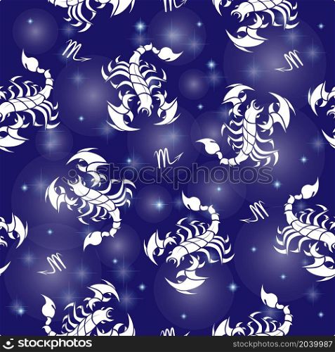 Seamless pattern. Stylized white scorpions and stars on blue background. Vector illustration