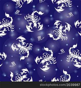 Seamless pattern. Stylized white scorpions and stars on blue background. Vector illustration