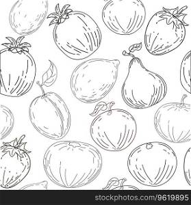 Seamless pattern summer fruits. Hand drawing sketch fruits lemon, apple, plum,orange, tangerine. Vector illustration vintage print fabric, wallpaper, decoration, textile. Seamless pattern summer fruits. Hand drawing sketch fruits