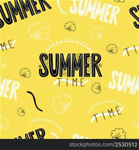 Seamless pattern Summer time. Decorative black inscription lettering, seashells, sun and ribbons on yellow background. Vector illustration. For design and decor, wallpapers, textiles and printing