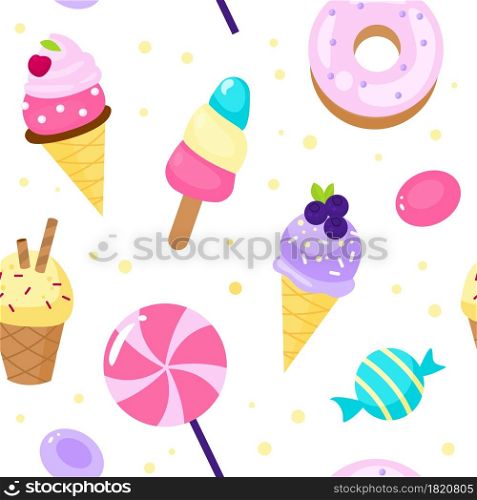 Seamless pattern sweets. Cartoon style candies and ice cream background dessert, lollipop and donut, pink colour girly decor, sugar products. Decor textile, wrapping paper wallpaper vector print. Seamless pattern sweets. Cartoon style candies and ice cream background dessert, lollipop and donut, pink colour girly decor. Decor textile, wrapping paper wallpaper vector print