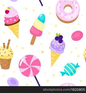 Seamless pattern sweets. Cartoon style candies and ice cream background dessert, lollipop and donut, pink colour girly decor, sugar products. Decor textile, wrapping paper wallpaper vector print. Seamless pattern sweets. Cartoon style candies and ice cream background dessert, lollipop and donut, pink colour girly decor. Decor textile, wrapping paper wallpaper vector print