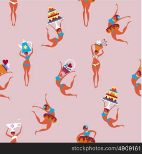 Seamless pattern, sweets, pastries, cakes and beautiful girls. Vector illustration.