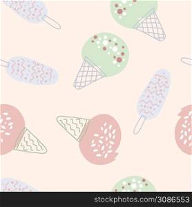 Seamless pattern tasty sweet delicious ice creams. Design for T-shirt, textile and prints. Hand drawn vector illustration for decor and design.