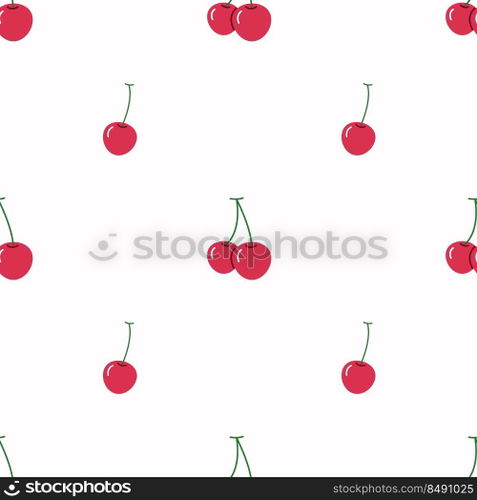 Seamless pattern template vector red flat cherry pattern design. Hand painted seamless pattern with small cherries in red, green on white background. Cute cartoon cherries . Juicy berries design.
