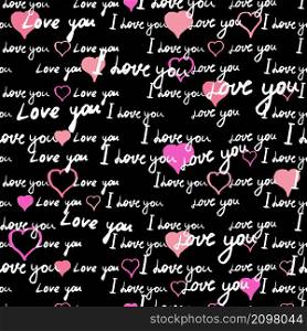 Seamless pattern, text I love you, hand written words, pink hearts. Sketch, doodle, lettering, happy valentines day. Vector illustration black background for wrapping paper, greeting cards, invitations. Seamless pattern, text I love you, hand written words, pink hearts. Sketch, doodle, lettering, happy valentines day. Vector illustration black background