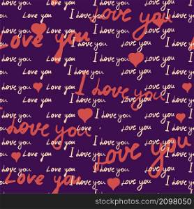 Seamless pattern, text I love you, hand written words, pink hearts. Sketch, doodle, lettering, happy valentines day. Vector illustration black background for wrapping paper, greeting cards, invitations. Seamless pattern, text I love you, hand written words, pink hearts. Sketch, doodle, lettering, happy valentines day. Vector illustration black background