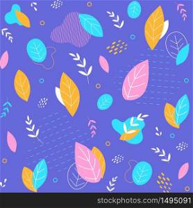 Seamless Pattern, Texture Print with Colorful Leaves on Purple Background, Greenery Forest Herbs, Plants. Tender, Elegant Textile Fabric, Wrapping Paper, Backdrop, Layout. Flat Vector Illustration. Pattern of Colorful Tree Leaves on Pink Background