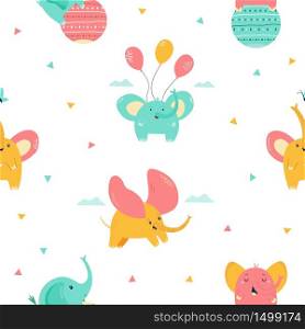 Seamless pattern, texture with cute bright little elephants. For childish prints, decorations. clothes, textile. Vector illustration. Seamless pattern with cute little elephants. Vector illustration