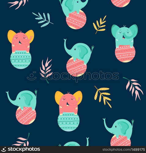 Seamless pattern, texture with cute bright little elephants. For childish prints, decorations. clothes, textile. Vector illustration. Seamless pattern with cute little elephants. Vector illustration