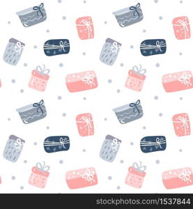 Seamless pattern texture with hand drawn gift boxes with bows and ribbons. Sketch illustration on white background.. Seamless pattern texture with hand drawn gift boxes with bows and ribbons. Sketch illustration on white background