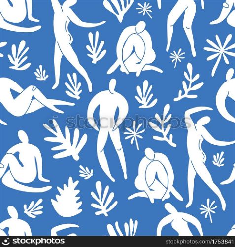 Seamless pattern trendy doodle and abstract nature icons on blue background. Summer collection, unusual shapes in freehand matisse art style. Includes people, floral art.