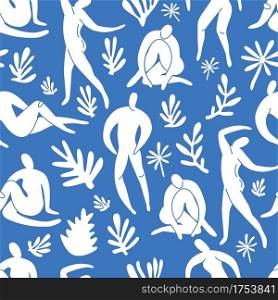 Seamless pattern trendy doodle and abstract nature icons on blue background. Summer collection, unusual shapes in freehand matisse art style. Includes people, floral art.