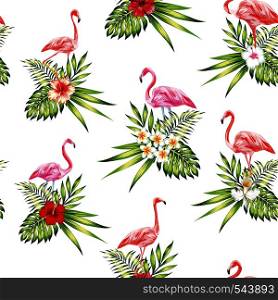 Seamless pattern tropical bird pink flamingo with flowers and plants white backgroundbeach wallpaper