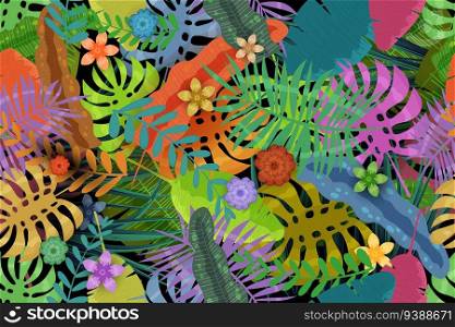 Seamless pattern Tropical exotic background. Colorful jungle leaves, flowers. Vector illustration print, fabric, wallpaper. Seamless pattern Tropical exotic background. Colorful jungle leaves, flowers