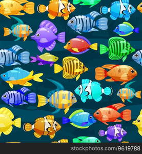 Seamless pattern Tropical fishes cartoon. Cute funny underwater characters vector illustration, fabric, paper print, background, textile. Seamless pattern Tropical fishes cartoon. Cute funny underwater characters