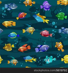 Seamless pattern Tropical fishes cartoon. Cute funny underwater characters vector illustration, fabric, paper print, background, textile. Seamless pattern Tropical fishes cartoon. Cute funny underwater characters