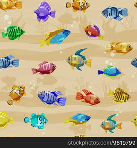 Seamless pattern Tropical fishes cartoon. Cute funny underwater characters vector illustration, fabric, paper print, background, textile. Seamless pattern Tropical fishes cartoon. Cute funny underwater characters