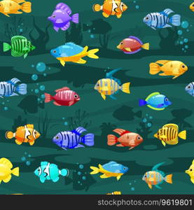 Seamless pattern Tropical fishes cartoon. Cute funny underwater characters vector illustration, fabric, paper print, background, textile. Seamless pattern Tropical fishes cartoon. Cute funny underwater characters