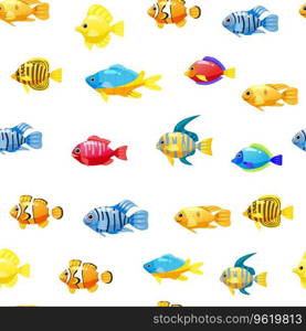 Seamless pattern Tropical fishes cartoon. Cute funny underwater characters vector illustration, fabric, paper print, background, textile. Seamless pattern Tropical fishes cartoon. Cute funny underwater characters