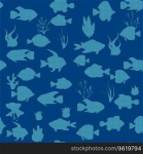 Seamless pattern Tropical fishes, seaweed halftone dots silhouette style. Marine underwater characters vector illustration, fabric, paper print, background, textile. Seamless pattern Tropical fishes, seaweed halftone dots silhouette style