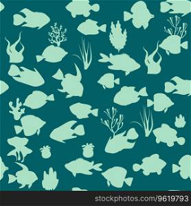 Seamless pattern Tropical fishes, , seaweed silhouette style. Cute funny underwater characters vector illustration, fabric, paper print, background, textile. Seamless pattern Tropical fishes, seaweed silhouette style. Cute funny underwater characters