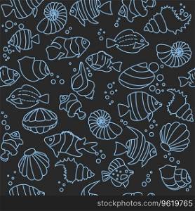 Seamless pattern Tropical fishes, shells lineart style. Cute funny underwater characters vector illustration, fabric, paper print, background, textile. Seamless pattern Tropical fishes, shells lineart style. Cute funny underwater characters